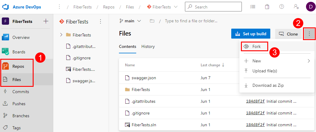 Screenshot des Menüelements „Fork“ im Menü „Weitere Aktionen“ auf der Seite „Repositorydateien“ in Azure Repos.