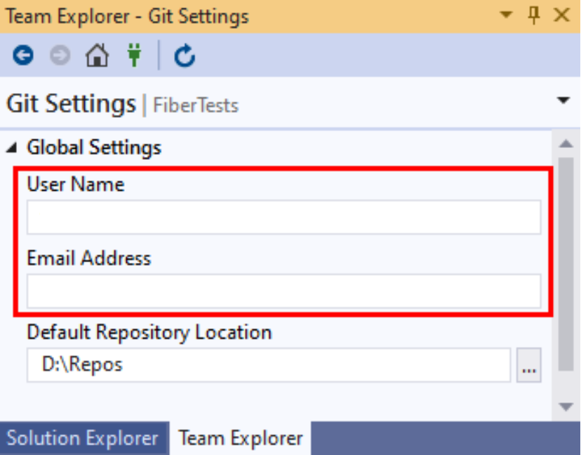 Screenshot: Einstellungen für Name und E-Mail-Adresse in den globalen Einstellungen in Team Explorer in Visual Studio 2019.