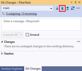 Screenshot: Schaltfläche „Pull“ im Fenster „Git-Änderungen“ in Visual Studio 2019