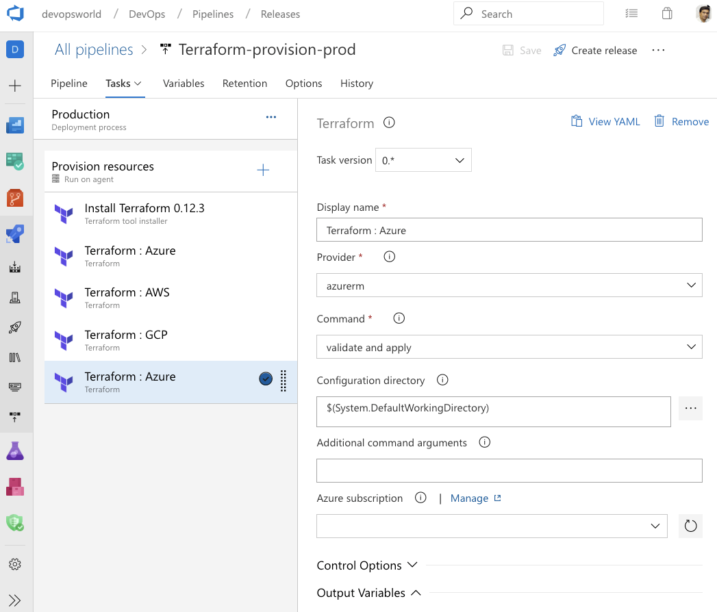 Screenshot der Terraform-Integration in Azure Pipelines