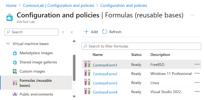 Screenshot: Liste der Formeln und wiederverwendbaren Basen für ein Lab in DevTest Labs