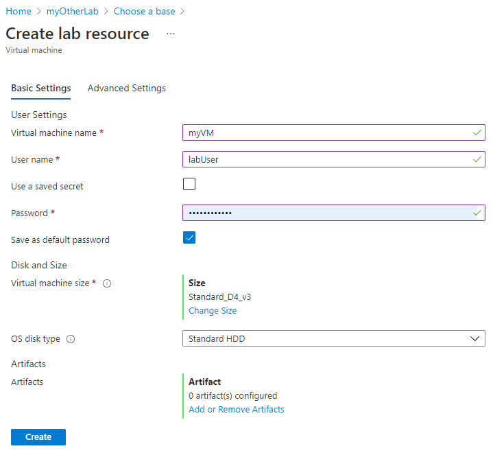 Screenshot: Registerkarte „Grundeinstellungen“ auf der Seite „Lab-Ressource erstellen“.