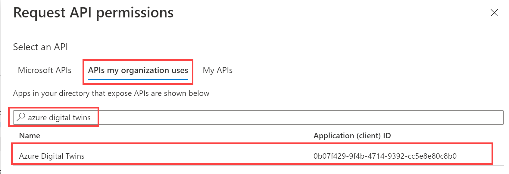 Screenshot des Suchergebnisses „Azure Digital Twins“ der Seite „API-Berechtigungen anfordern“ im Azure-Portal.