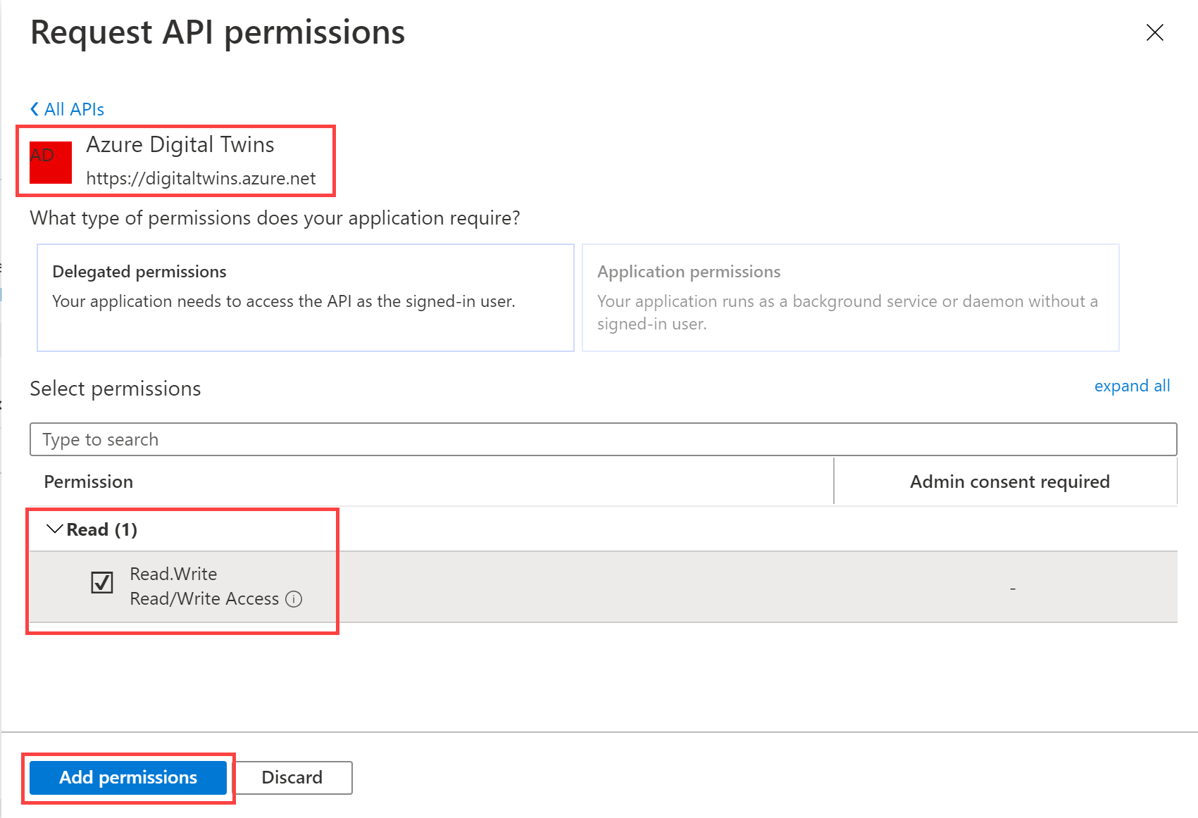 Screenshot der Seite „API-Berechtigungen anfordern“ mit ausgewählten Berechtigungen „Read.Write“ für die Azure Digital Twins-APIs im Azure-Portal.