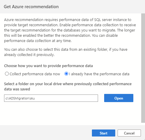 Screenshot that shows the pane to import performance data for a SKU recommendation.