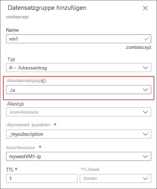 A screenshot showing how to add an alias record set.