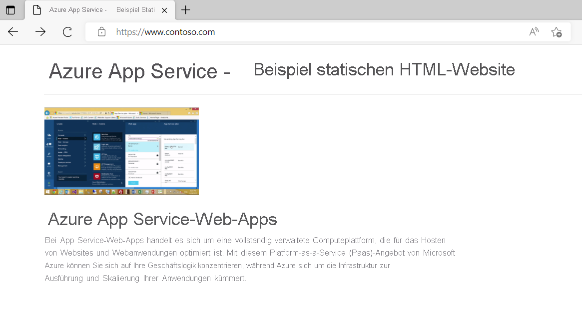 Screenshot der Azure App Service-Web-App contoso, auf die über einen Webbrowser zugegriffen wird.