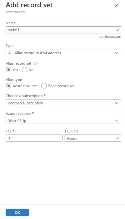 Screenshot des Hinzufügens eines Aliaseintrags zum Verweisen auf die öffentliche Azure-IP-Adresse des IIS-Webservers mithilfe der Seite „Datensatzsatz hinzufügen“.