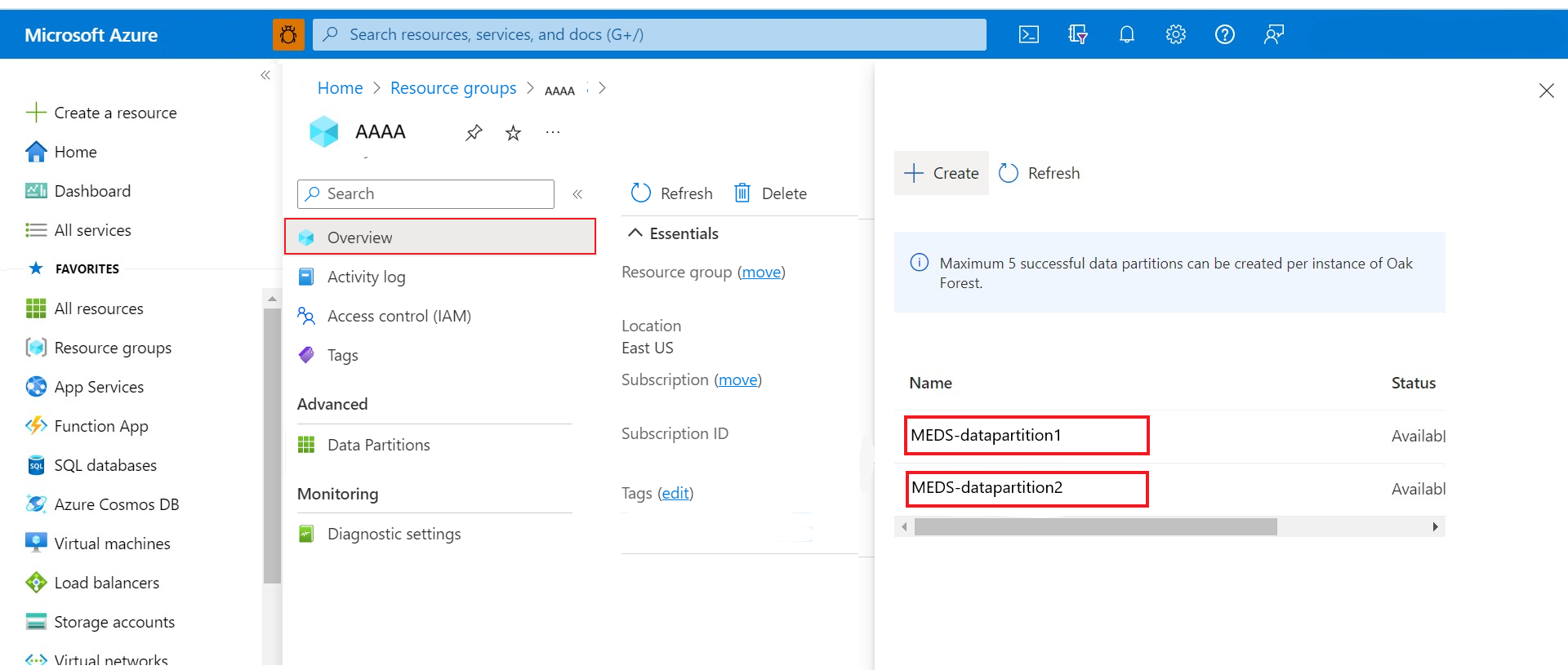 Screenshot: Suchen der Datenpartitions-ID auf der Übersichtsseite mit den Datenpartitionen der Azure Data Manager for Energy-Instanz