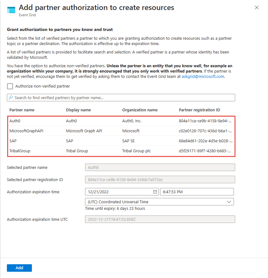 Screenshot: Seite, auf der Sie einem überprüften Partner die Autorisierung zum Erstellen von Ressourcen in Ihrer Ressourcengruppe erteilen können