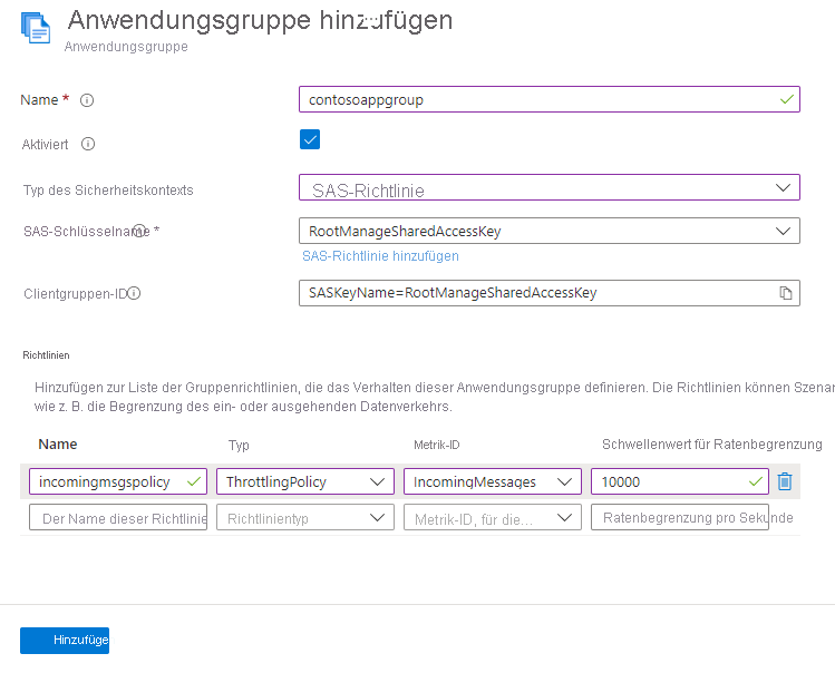 Screenshot: Seite „Anwendungsgruppe hinzufügen“ mit einer Richtlinie für eingehende Nachrichten.