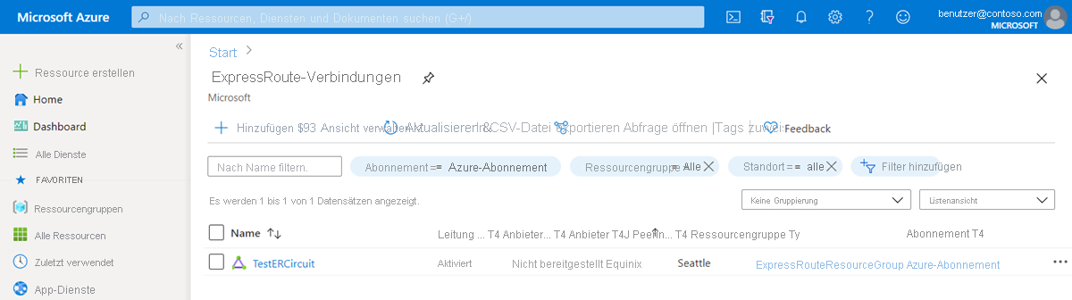 Screenshot einer Liste von ExpressRoute-Verbindungen.