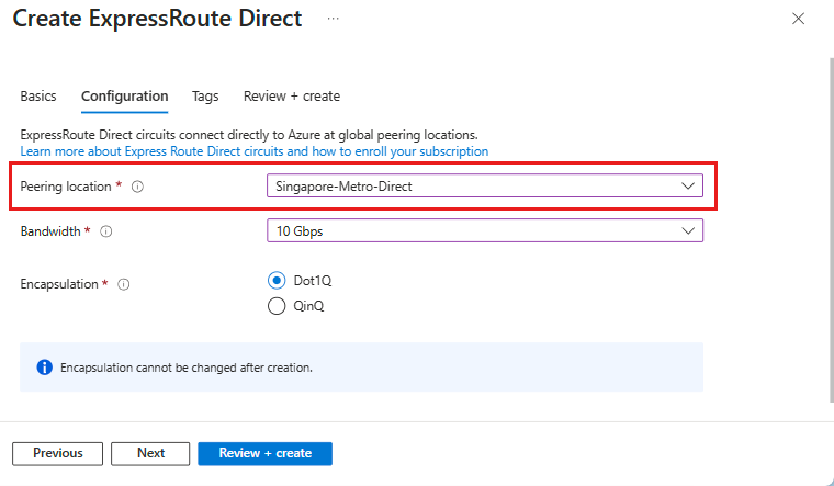 Screenshot: Erstellen von ExpressRoute Direct-Ports für Metro