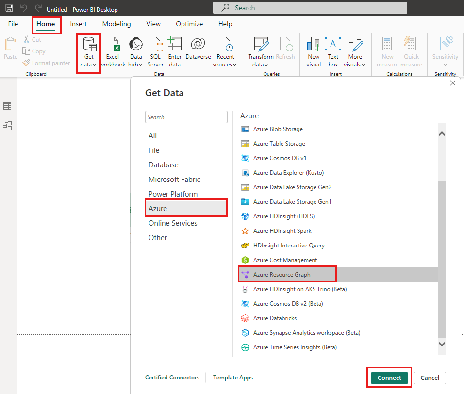 Screenshot des Dialogfelds „Daten abrufen“ in Power BI Desktop zum Auswählen des Azure Resource Graph-Connectors.