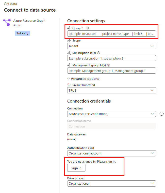 Screenshot des Dialogfelds „Azure Resource Graph“, des Power BI-Diensts um eine Abfrage einzugeben und die Standardeinstellungen zu verwenden.