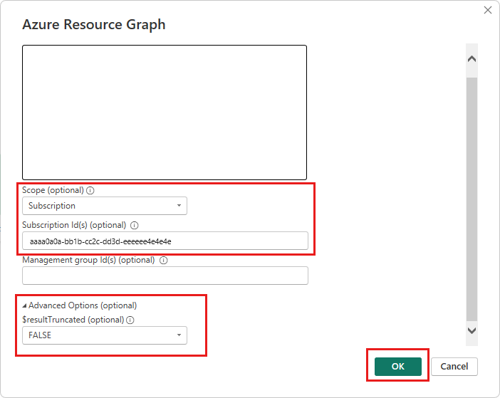 Screenshot des Power BI Desktop Azure Resource Graph-Dialogfelds für eine Abfrage mit optionalen Einstellungen für Bereich, Abonnement-ID und $resultTruncated.