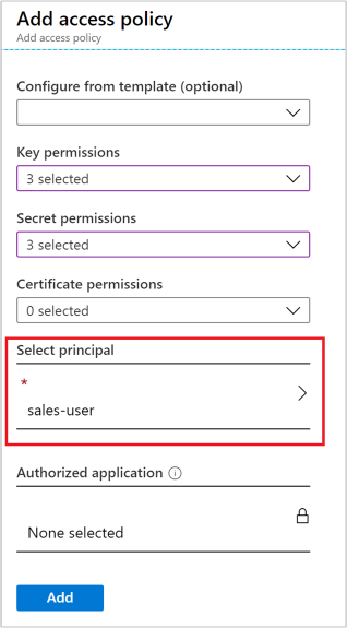 Festlegen der Option „Prinzipal auswählen“ für die Azure Key Vault-Zugriffsrichtlinie.