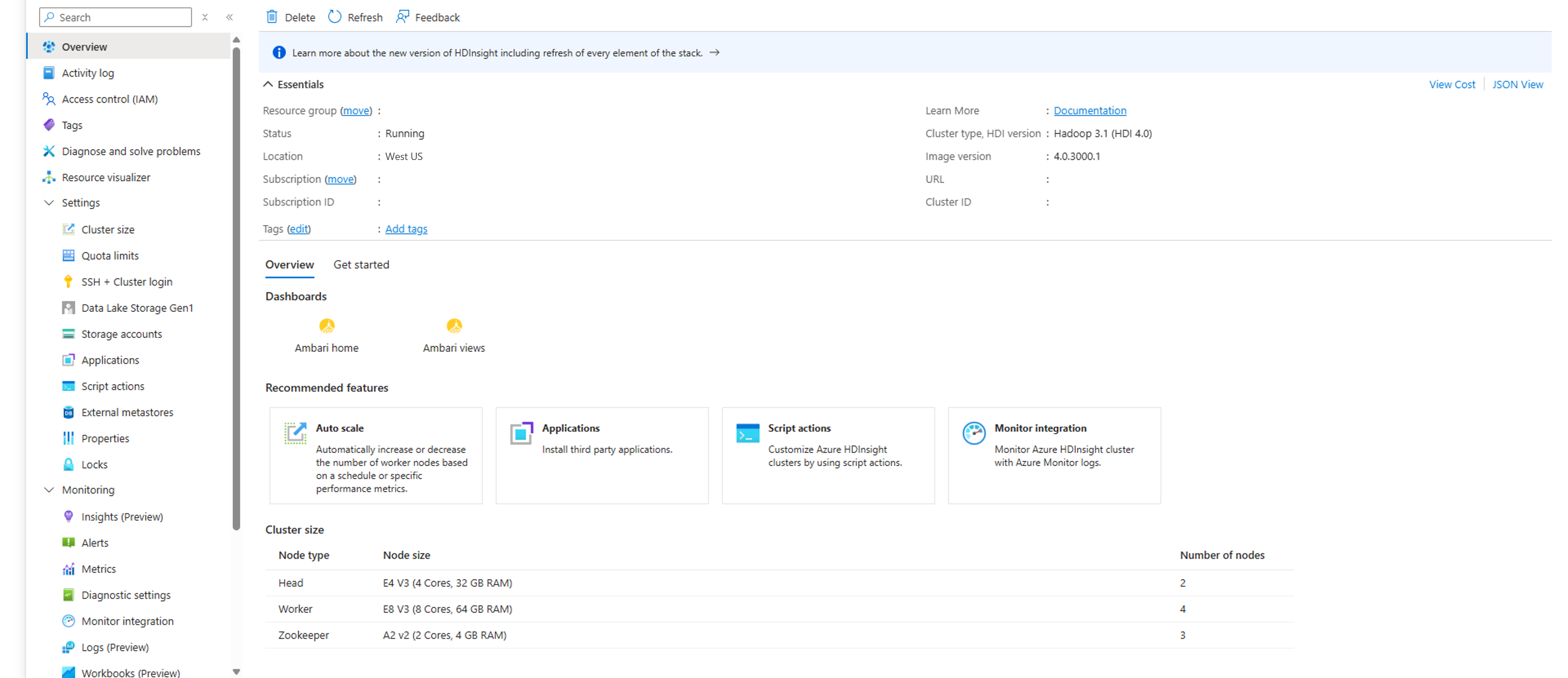 Azure-Portal – HDInsight-Cluster-Zusammenfassung.