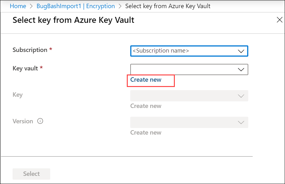 Screenshot des Bildschirms „Schlüssel aus Azure Key Vault auswählen“. Der Link „Neu erstellen“ für Schlüsseltresor ist hervorgehoben.