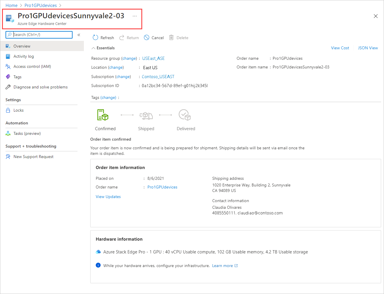 Screenshot: Ressourcendetails für eine ausgewählte Ressource in einer Azure Edge Hardware Center-Bestellung. Der Ressourcenname ist hervorgehoben.