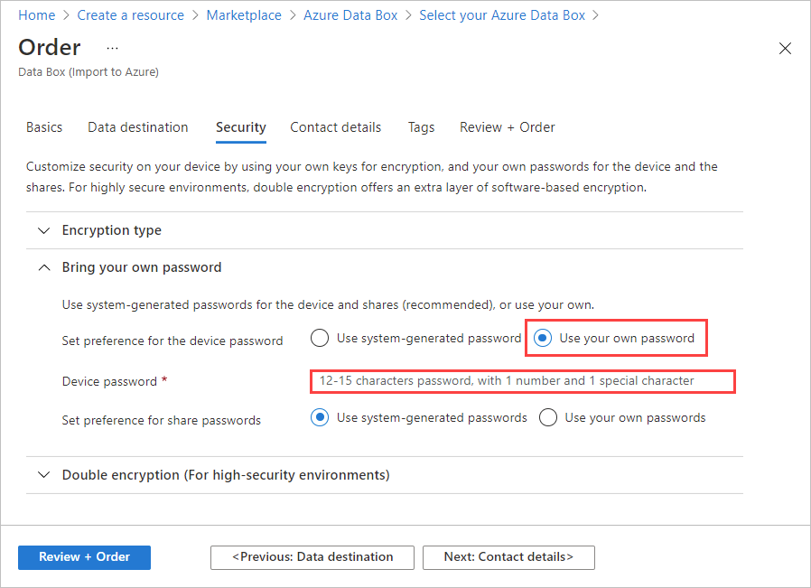 Screenshot: Optionen für „Eigenes Kennwort“ auf der Registerkarte „Sicherheit“ für eine Data Box-Bestellung. Die Optionen „Eigenes Kennwort verwenden“ und „Gerätekennwort“ sind hervorgehoben.