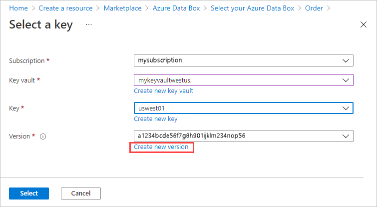 Screenshot: Bildschirm „Schlüssel erstellen“ in Azure Key Vault. Der Link „Neue Version erstellen“ ist hervorgehoben.