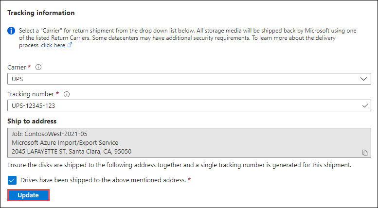 Screenshot der Verfolgungsinformationen im Übersichtsbereich für einen Azure Import/Export-Auftrag im Status „Abgeschlossen“, wie er im Vorschauportal angezeigt wird.