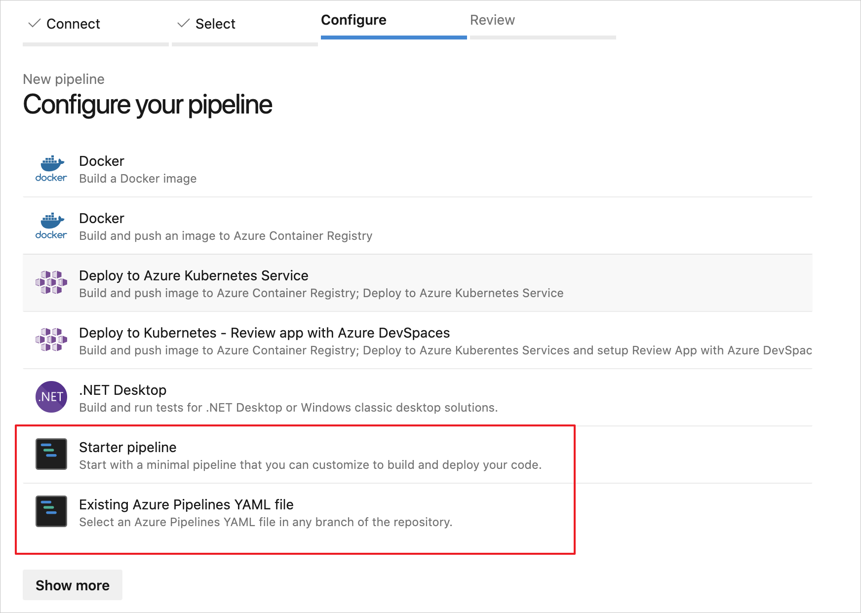 Zum Beginnen Ihrer Buildpipeline „Starterpipeline“ oder „Vorhandene Azure Pipelines-YAML-Datei“ auswählen