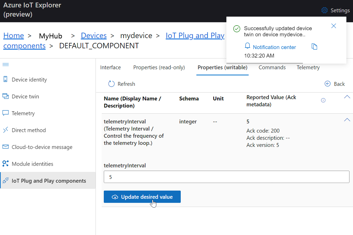 Screenshot: Festlegen des Telemetrieintervalls für STM-DevKit in IoT Explorer