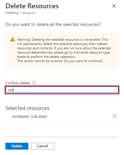 Screenshot der Bestätigungsseite „Labplan löschen“ im Azure-Portal