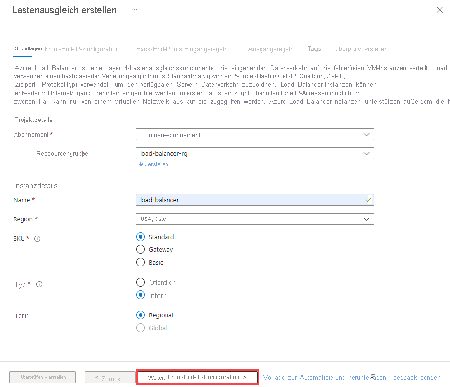 Screenshot: Registerkarte „Grundlagen“ zum Erstellen einer Load Balancer Standard-Instanz