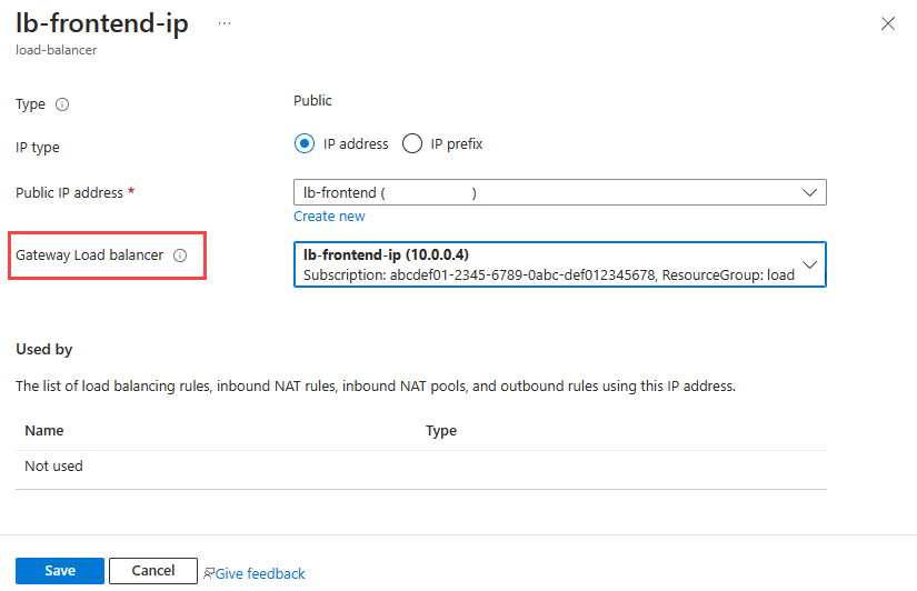 Screenshot: Hinzufügen der Gateway Load Balancer-Instanz zur Front-End-IP.