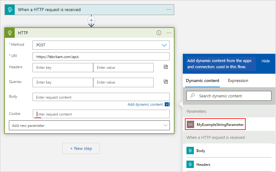 Screenshot: Designer für den Workflow im Tarif „Verbrauch“ und Beispielaktion mit dem Cursor im Bearbeitungsfeld der Eigenschaft, einer erweiterten Liste mit dynamischen Inhalten und dem ausgewählten, zuvor erstellten Parameter