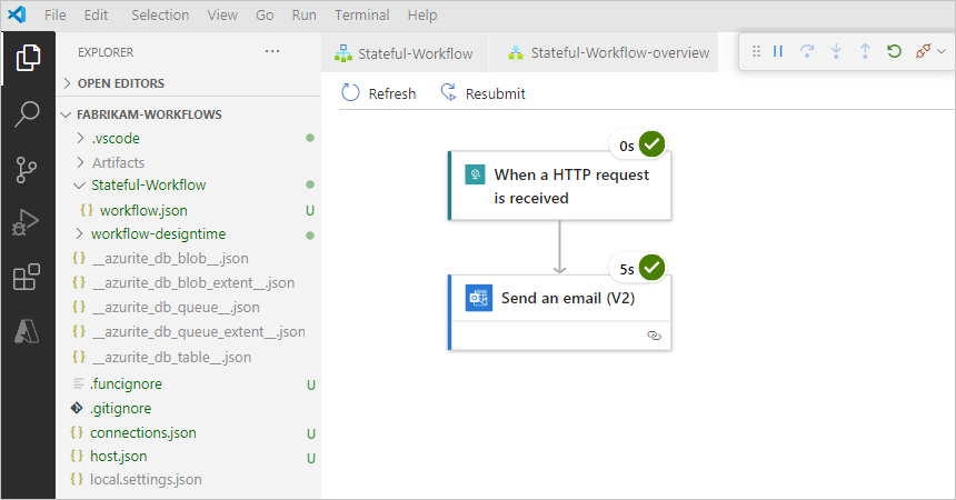 Screenshot: Einzelne Ausführungsschritte in der Workflowausführung und ihr Status.