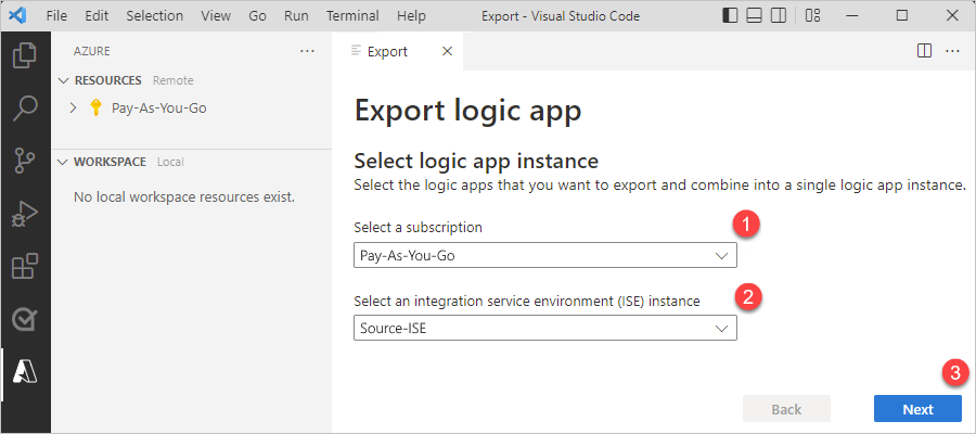 Screenshot der Registerkarte „Exportieren“ mit ausgewähltem Azure-Abonnement und ausgewählter Region.