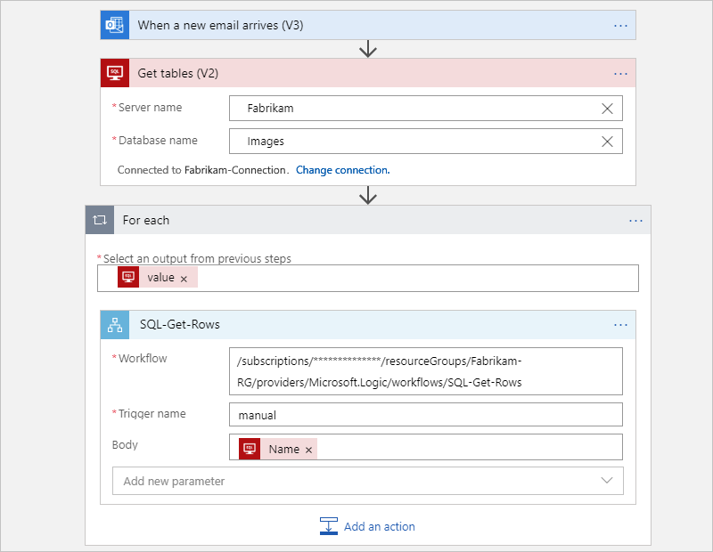 Screenshot zeigt den übergeordneten Verbrauchsworkflow, der die SQL Server-Tabellen abruft und den untergeordneten Workflow aufruft.