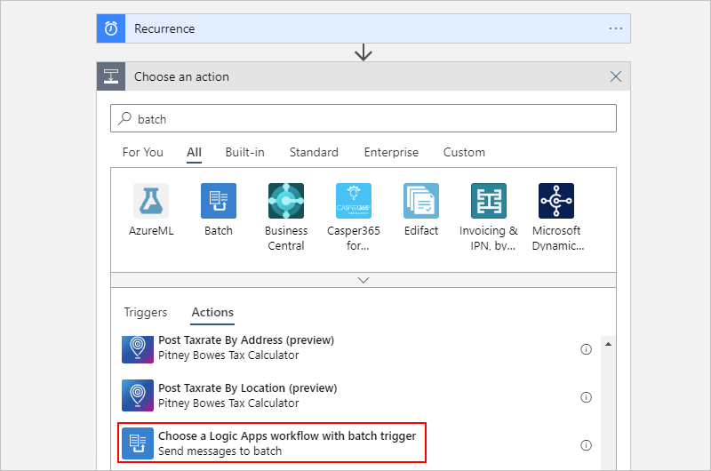 Auswählen von „Logik-App-Workflow mit Batchtrigger auswählen“