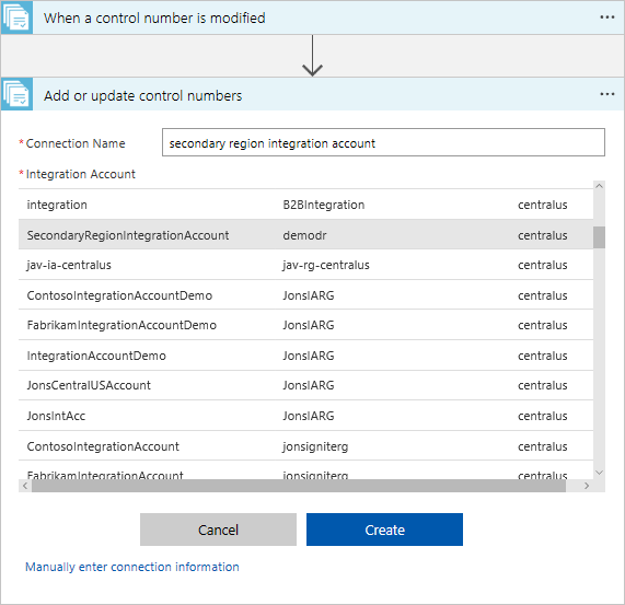 Screenshot, der zeigt, wo Sie den Namen eines Integrationskontos für die sekundäre Region eingeben.