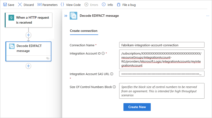 Screenshot des Standard-Workflows und des Verbindungsbereichs für die Aktion „EDIFACT Decode“