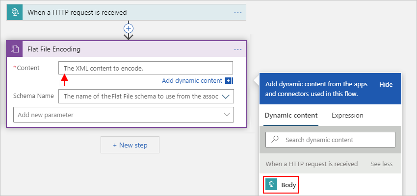 Screenshot des Verbrauchsworkflow-Designers und der Eigenschaft „Inhalt“ mit dynamischer Inhaltsliste und zur Codierung ausgewähltem Inhalt.