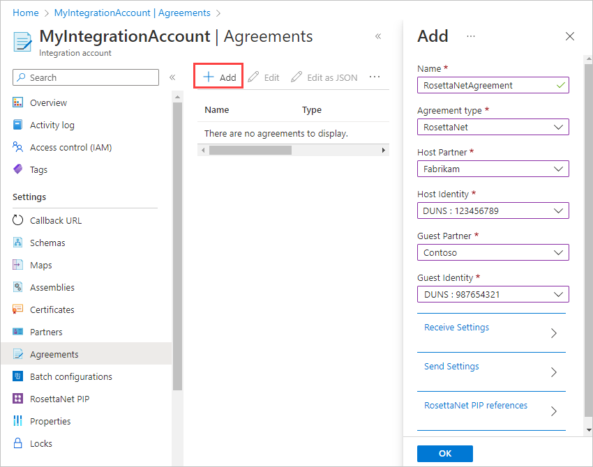 Screenshot der Seite „Vereinbarungen“ mit ausgewählter Option „Hinzufügen“. Im Bereich „Hinzufügen“ werden Felder für den Vereinbarungsnamen und den Typ und die Partnerinformationen angezeigt.