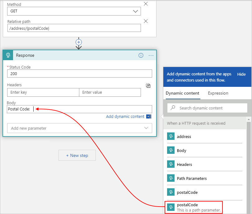 Screenshot: Verbrauch-Workflow, Gegenmaßnahme und angegebene Triggerausgabe, die im Antworttext enthalten sein soll.