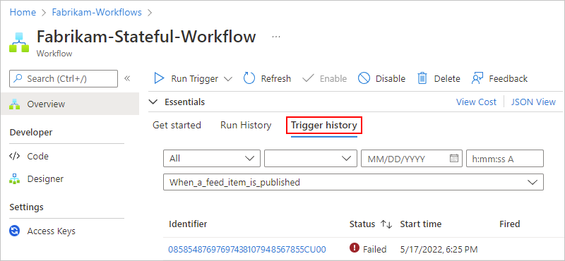 Screenshot: Übersichtsseite für einen Standardworkflow mit ausgewählter Option „Triggerverlauf“