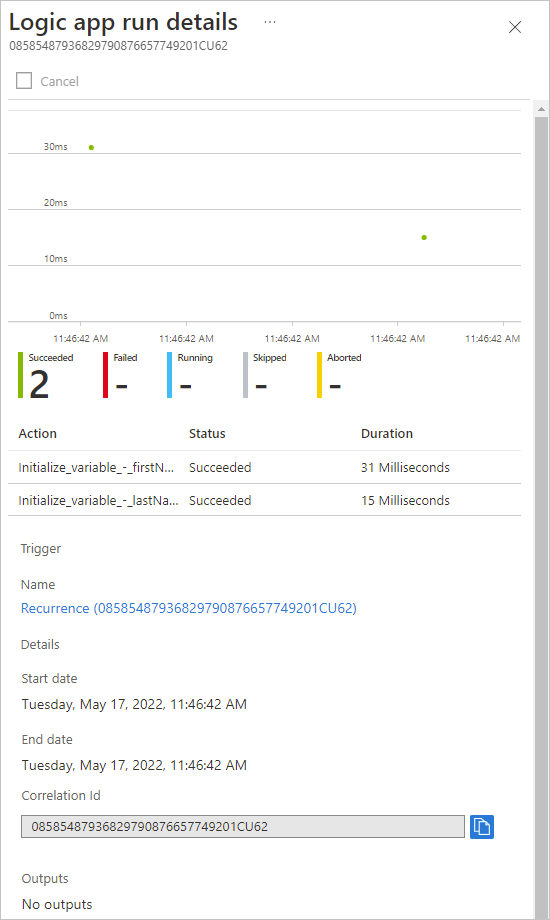 Screenshot der Ausführungsdetails für jede Phase des Workflows