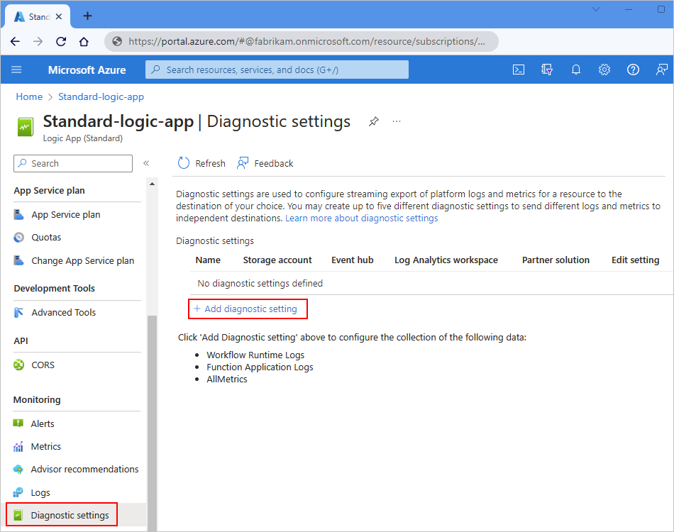 Screenshot des Azure-Portals: Menü einer Standard-Logik-App-Ressource mit Auswahl von „Diagnoseeinstellungen“ und „Diagnoseeinstellung hinzufügen“.