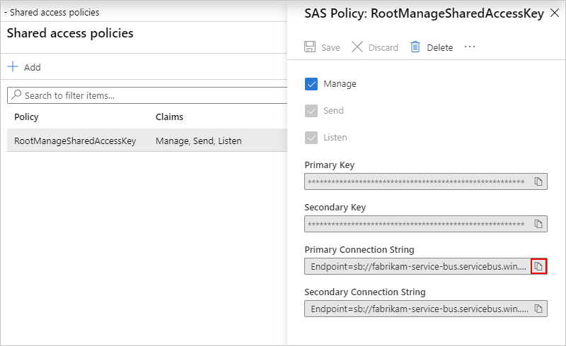 Kopieren der Verbindungszeichenfolge für Service Bus-Namespaces