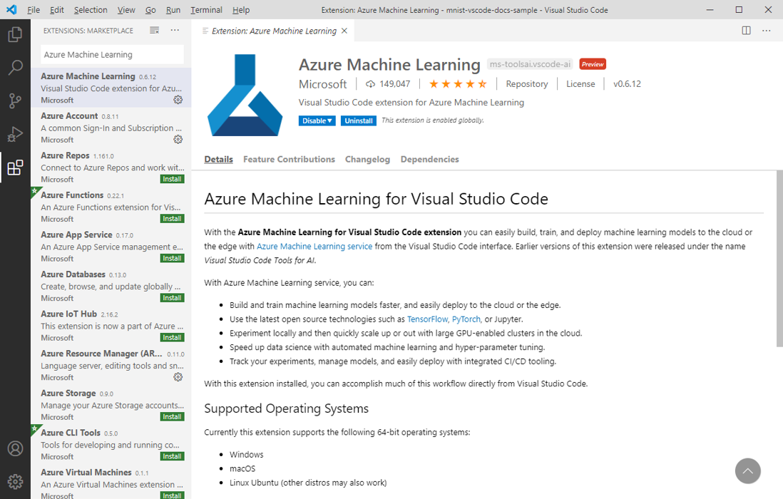 Installieren der Azure Machine Learning-Erweiterung für VS Code