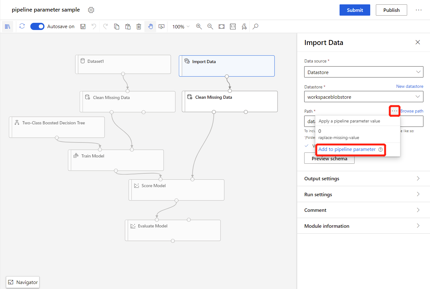 Bildschirmbild, das zeigt, wie man Komponentenparameter zu Pipeline-Parameter1 macht