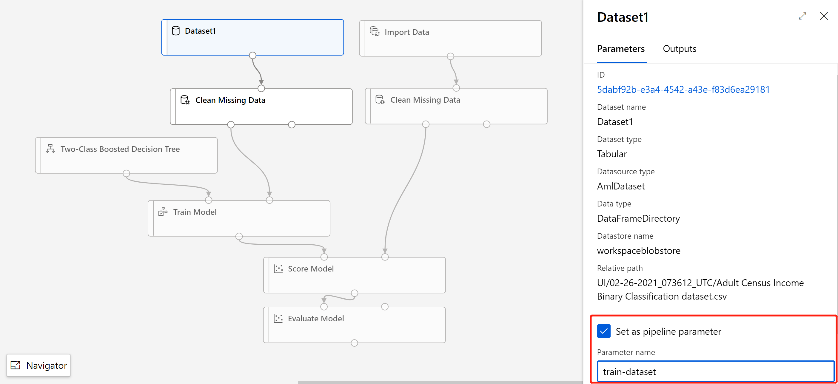 Screenshot, der zeigt, wie ein Dataset als Pipelineparameter festgelegt wird