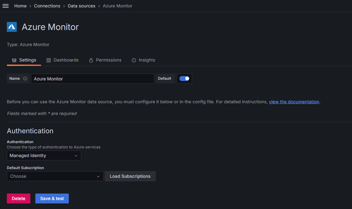 Screenshot: Managed Grafana Arbeitsbereich: Abonnements laden.